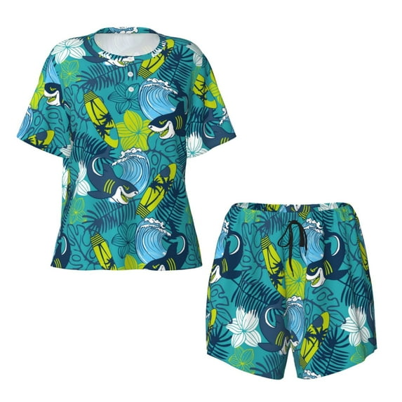 Sigee Shark And Leaves for Sleepwear Casual Pjs with Pockets Women's Pajamas Sets Shorts 2 Piece Short Sleeve Lounge Sets Large