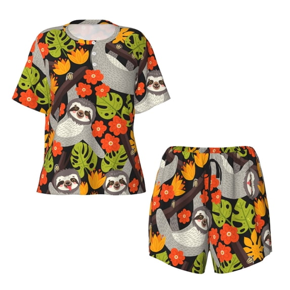 Sigee Sloth on the Branch for Sleepwear Casual Pjs with Pockets Women's Pajamas Sets Shorts 2 Piece Short Sleeve Lounge Sets X-Large