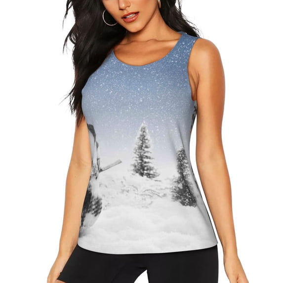 Sigee Snowman And Christmas Tree for Women's Workout Tank Top,Running Tank Tops,Sleeveless Gym ClothesMedium