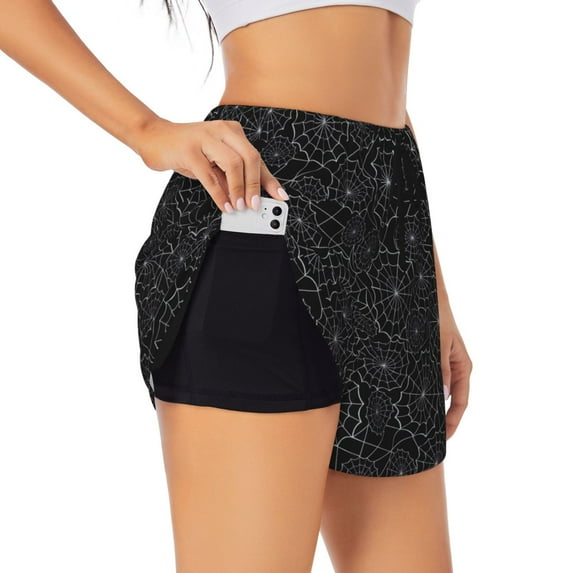Sigee Spider Web Black for Women's Athletic Shorts High Waisted Running Shorts Pocket Sporty Short Gym Elastic Workout ShortsX-Large