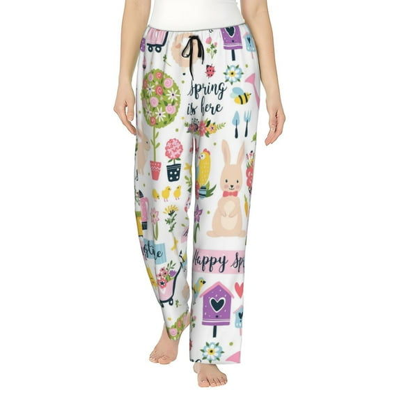 Sigee Spring Flowers Birds Print Women's Soft Pajama Pants - Breathable and Comfortable Lounge Sleep Bottoms with Elastic Waistband and Pockets-Small