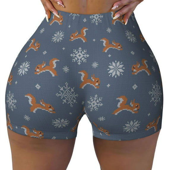 Sigee Squirrel And Snowflakes Print Women's High Waist Workout Shorts - Squat Proof, Tummy Control, Yoga and Gym Activewear-X-Large