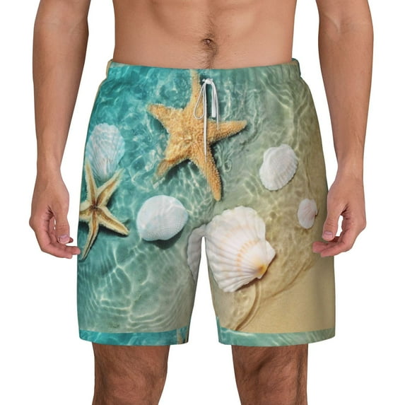 Sigee Starfish And Seashell Print Mens Swim Trunks with Compression Liner Quick Dry Swim Stretch Beach Shorts with Pockets,S-3XL