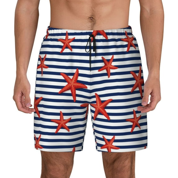Sigee Starfish Navy Blue Stripe Print Mens Swim Trunks with Compression Liner Quick Dry Swim Stretch Beach Shorts with Pockets,S-3XL