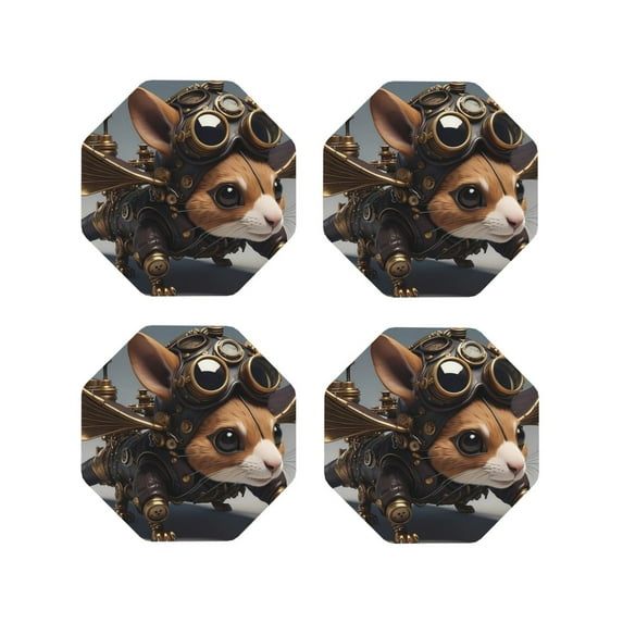 Sigee Steampunk Squirrel Pilot for Water-Resistant, Heat-Resistant, Non-Slip Leather Coasters Set, Ideal for Coffee Table, Office, Bar, Home Decor-Octagon