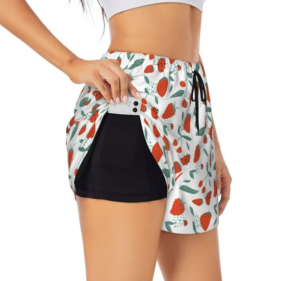 Sigee Strawberries for Women's Athletic Shorts High Waisted Running Shorts Pocket Sporty Short Gym Elastic Workout ShortsLarge