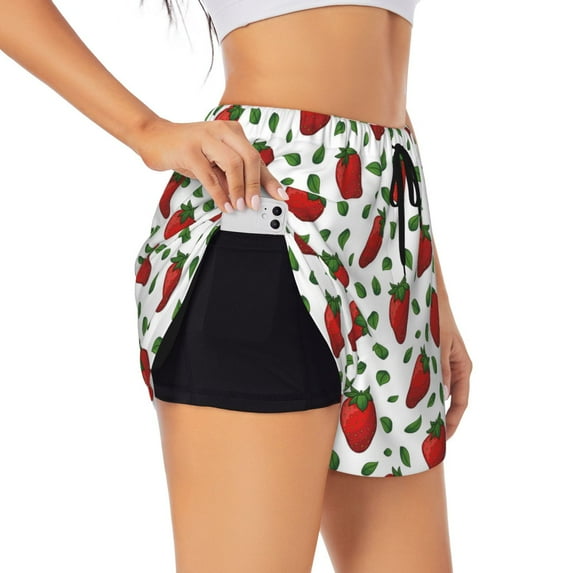 Sigee Strawberry for Women's Athletic Shorts High Waisted Running Shorts Pocket Sporty Short Gym Elastic Workout ShortsMedium
