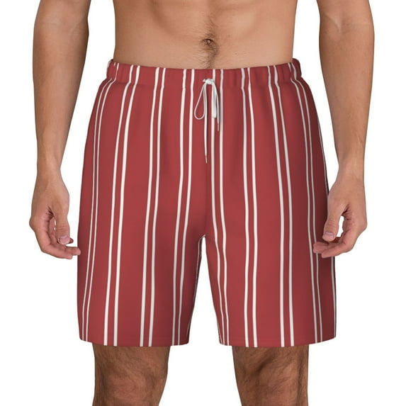Sigee Stripes Red White Print Mens Swim Trunks with Compression Liner Quick Dry Swim Stretch Beach Shorts with Pockets,S-3XL