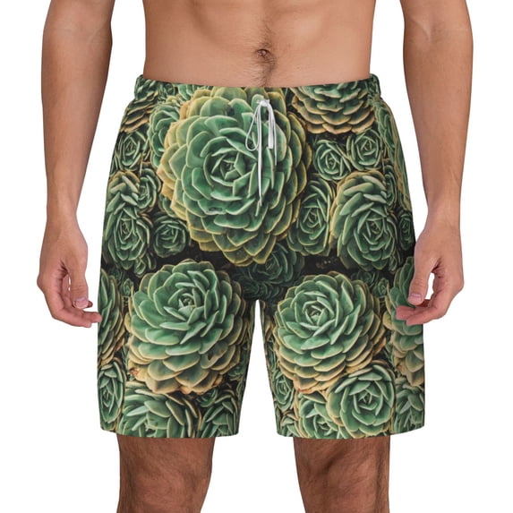 Sigee Succulents Print Mens Swim Trunks with Compression Liner Quick Dry Swim Stretch Beach Shorts with Pockets,S-3XL