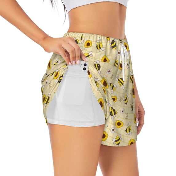 Sigee Sunflowers Bee for Women's Athletic Shorts High Waisted Running Shorts Pocket Sporty Short Gym Elastic Workout ShortsX-Large