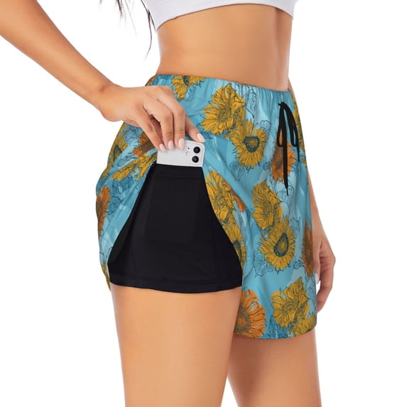 Sigee Sunflowers for Women's Athletic Shorts High Waisted Running Shorts Pocket Sporty Short Gym Elastic Workout ShortsX-Large