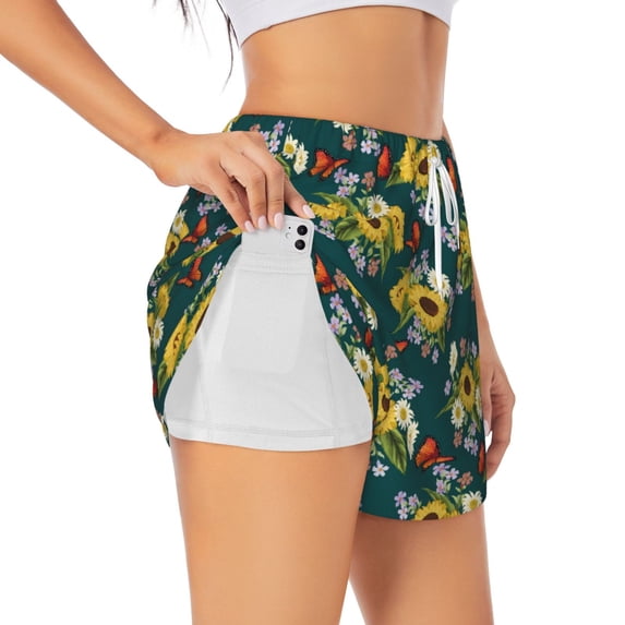 Sigee Sunflowers for Women's Athletic Shorts High Waisted Running Shorts Pocket Sporty Short Gym Elastic Workout ShortsXX-Large