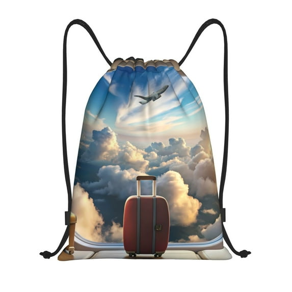 Sigee Sunset Airplane Travel View for Drawstring Bag String Backpack for Sports, Gym, Swimming, Beach, Travel-Small