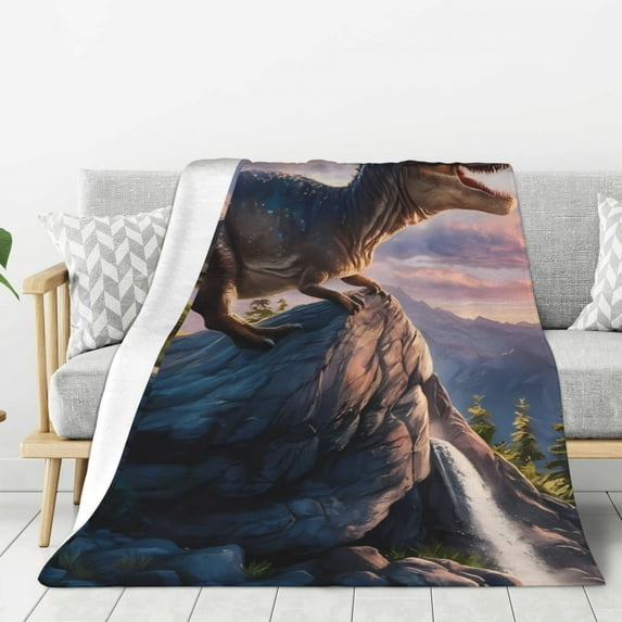 Sigee Sunset Cliff Dinosaur for Flannel Blanket - Ultra-Soft, Warm and Cozy, Perfect for Couch, Bed, or Travel-50"x40"