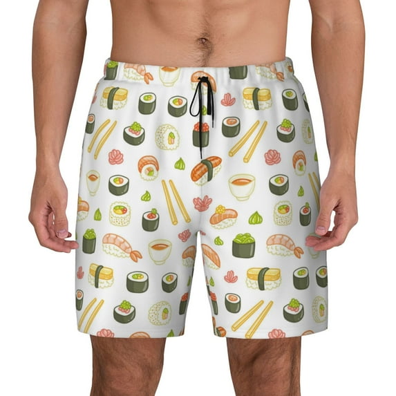 Sigee Sushi and Rolls Print Mens Swim Trunks with Compression Liner Quick Dry Swim Stretch Beach Shorts with Pockets,S-3XL