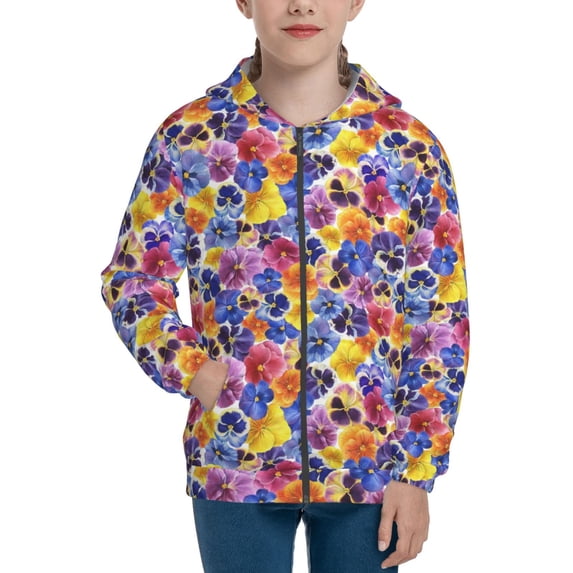 Sigee The Garden Tricolor Pansy Flower for Teenage Zip Up Hoodies Long Sleeve Sweatshirts-Small