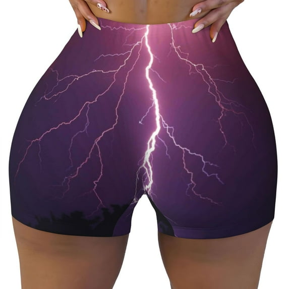 Sigee Thunderstorm Violet Purple Print Women's High Waist Workout Shorts - Squat Proof, Tummy Control, Yoga and Gym Activewear-Large