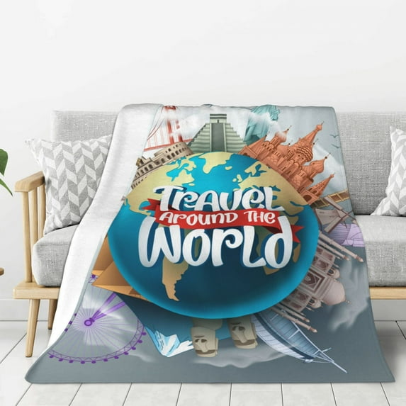 Sigee Travel Around The World for Flannel Blanket - Ultra-Soft, Warm and Cozy, Perfect for Couch, Bed, or Travel-60"x50"