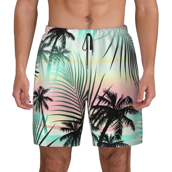 Sigee Tropical Summer Palm Print Mens Swim Trunks with Compression Liner Quick Dry Swim Stretch Beach Shorts with Pockets,S-3XL