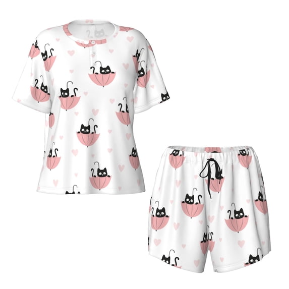 Sigee Umbrella Cat for Sleepwear Casual Pjs with Pockets Women's Pajamas Sets Shorts 2 Piece Short Sleeve Lounge Sets Medium