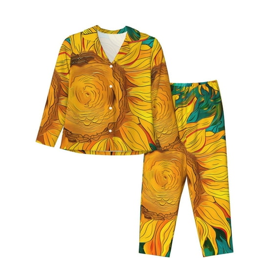 Sigee Vibrant Sunflower Painting for Women’s Pajama Sets Long-Sleeved Pjs Sets for Women 2 piece Sleepwear-Small