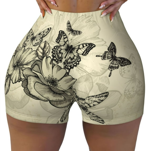 Sigee Vintage Floral Print Women's High Waist Workout Shorts - Squat Proof, Tummy Control, Yoga and Gym Activewear-Medium