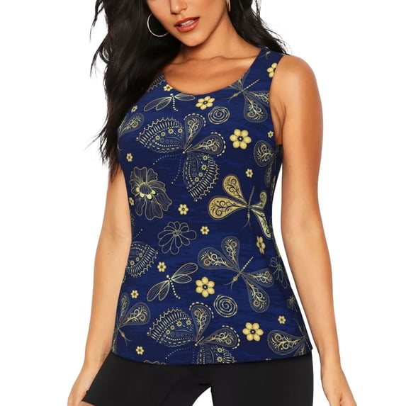 Sigee Vintage Golden Butterfly for Women's Workout Tank Top,Running Tank Tops,Sleeveless Gym ClothesMedium