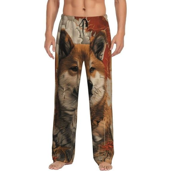 Sigee Vintage Shiba Inu Art print Men's Pajama Pants Lounge Sleep Bottoms with Elastic Waistband and Pockets-Small