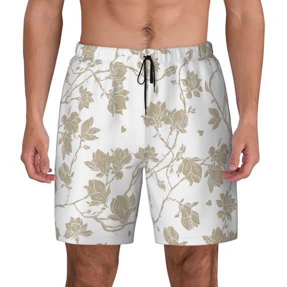 Sigee Vintage Stylized White Color Print Mens Swim Trunks with Compression Liner Quick Dry Swim Stretch Beach Shorts with Pockets,S-3XL