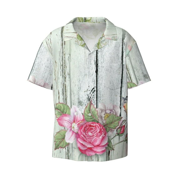 Sigee Vintage Wood with Floral Print Men's Shirts Casual Button Down Short Sleeve Summer Beach Shirt Hawaiian Vacation Shirts Tee Shirt-XX-Large