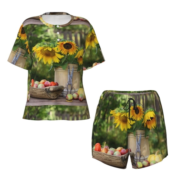 Sigee Vintage Wooden Bucket for Sleepwear Casual Pjs with Pockets Women's Pajamas Sets Shorts 2 Piece Short Sleeve Lounge Sets X-Large