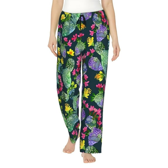 Sigee Watercolor Cactuses Print Women's Soft Pajama Pants - Breathable and Comfortable Lounge Sleep Bottoms with Elastic Waistband and Pockets-Large