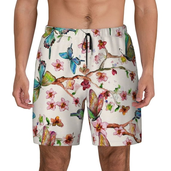 Sigee Watercolor Floral With Butterflies Print Mens Swim Trunks with Compression Liner Quick Dry Swim Stretch Beach Shorts with Pockets,S-3XL