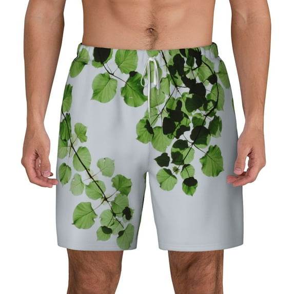 Sigee Watercolor Green Leaves Print Mens Swim Trunks with Compression Liner Quick Dry Swim Stretch Beach Shorts with Pockets,S-3XL