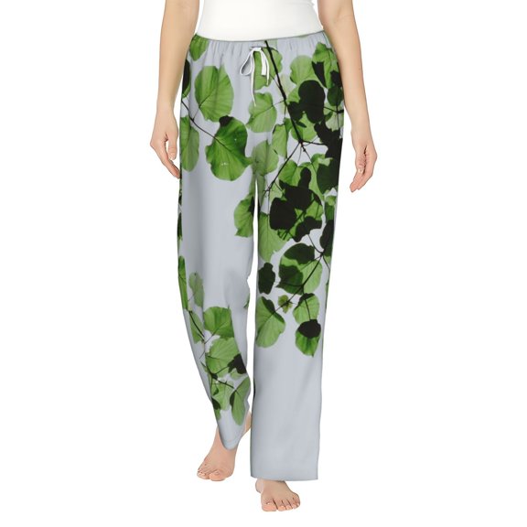 Sigee Watercolor Green Leaves Print Women's Soft Pajama Pants - Breathable and Comfortable Lounge Sleep Bottoms with Elastic Waistband and Pockets-Small