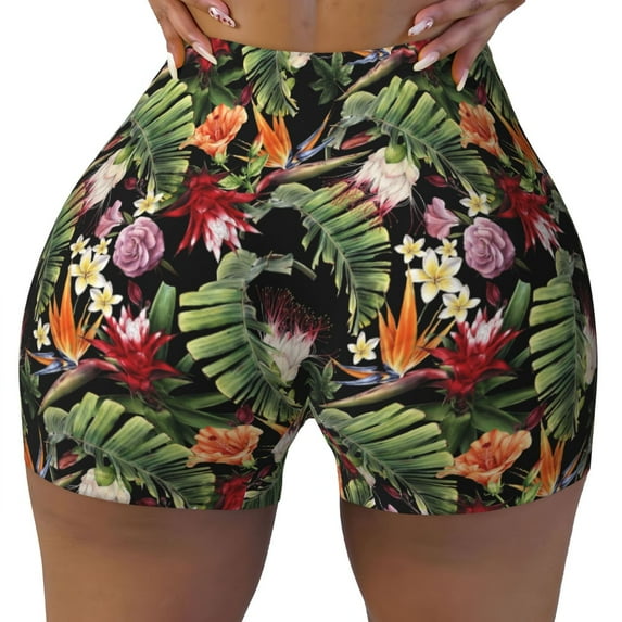 Sigee Watercolor Tropical Flowers Print Women's High Waist Workout Shorts - Squat Proof, Tummy Control, Yoga and Gym Activewear-XX-Large