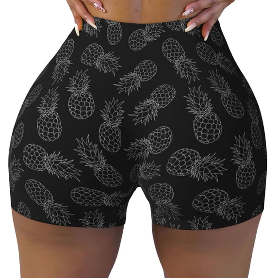 Sigee White Pineapples Print Women's High Waist Workout Shorts - Squat Proof, Tummy Control, Yoga and Gym Activewear-Large