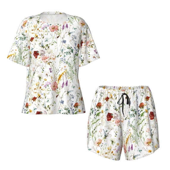 Sigee Wildflower Watercolor for Sleepwear Casual Pjs with Pockets Women's Pajamas Sets Shorts 2 Piece Short Sleeve Lounge Sets Large
