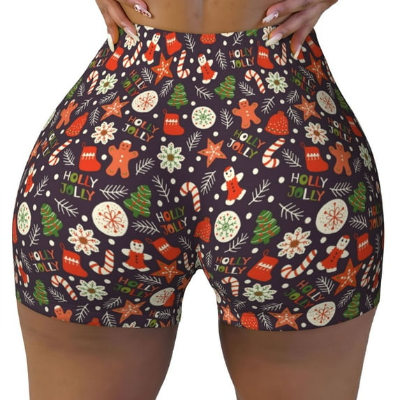 Sigee Winter Holiday Christmas Print Women's High Waist Workout Shorts - Squat Proof, Tummy Control, Yoga and Gym Activewear-
