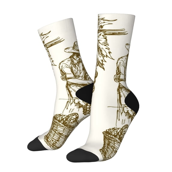 Sigee Workers Cutting Grapes From Vineyard for Contrast Design Soft Moisture-Wicking Socks Crew Casual Athletic Stretchy Loose Middle Tube Socks