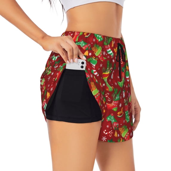 Sigee X-mas and New Year for Women's Athletic Shorts High Waisted Running Shorts Pocket Sporty Short Gym Elastic Workout ShortsLarge