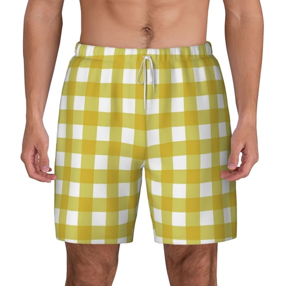 Sigee Yellow Checkboard Print Mens Swim Trunks with Compression Liner Quick Dry Swim Stretch Beach Shorts with Pockets,S-3XL