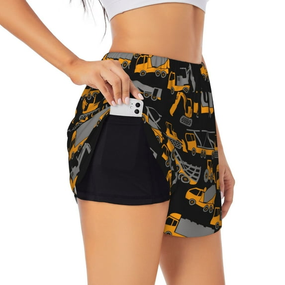 Sigee Yellow Excavator for Women's Athletic Shorts High Waisted Running Shorts Pocket Sporty Short Gym Elastic Workout ShortsLarge