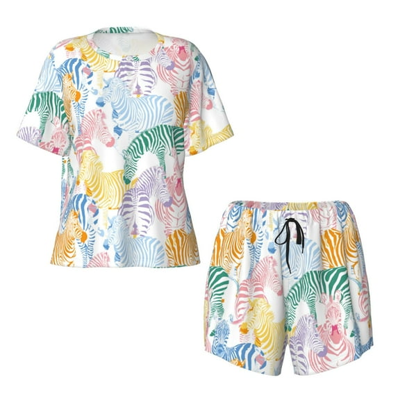 Sigee Zebra Colourful for Sleepwear Casual Pjs with Pockets Women's Pajamas Sets Shorts 2 Piece Short Sleeve Lounge Sets Small