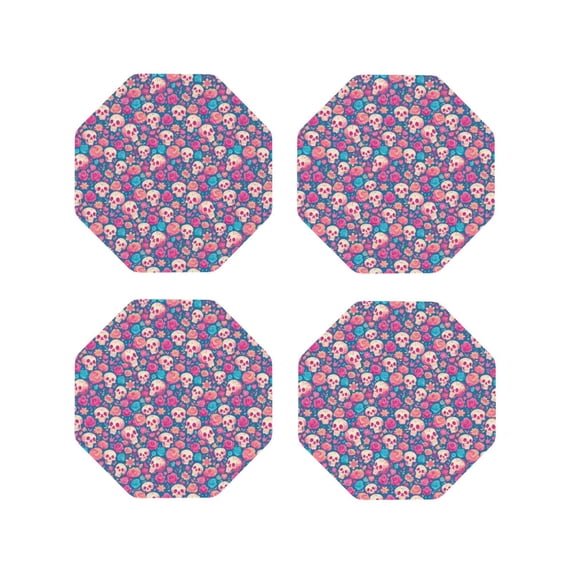 Sigee colorful Skull flower for Water-Resistant, Heat-Resistant, Non-Slip Leather Coasters Set, Ideal for Coffee Table, Office, Bar, Home Decor-Octagon
