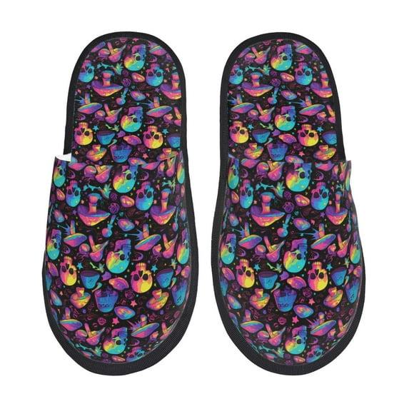 Sigee colorful mushroom Skull for Cozy Furry Slippers Super Soft Indoor and Outdoor Use, Non-Slip Sole Slip On House Slippers-Medium