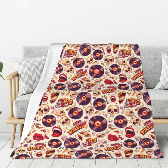 Sigee rock music Skull record for Flannel Blanket - Ultra-Soft, Warm and Cozy, Perfect for Couch, Bed, or Travel-50"x40"