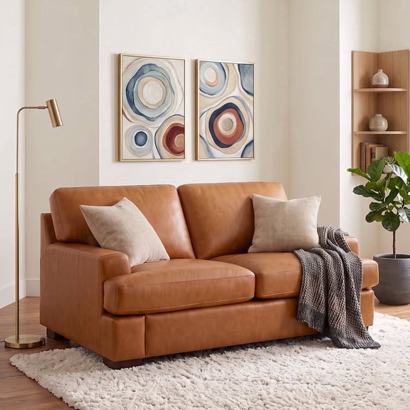 Naomi Home Siggy Genuine Leather Modern Loveseat, Goose Feather Cushions, Spacious 2-Seater Comfort, Thick Genuine Leather, No-Tools Assembly, Perfect for Everyday Relaxation, Tan