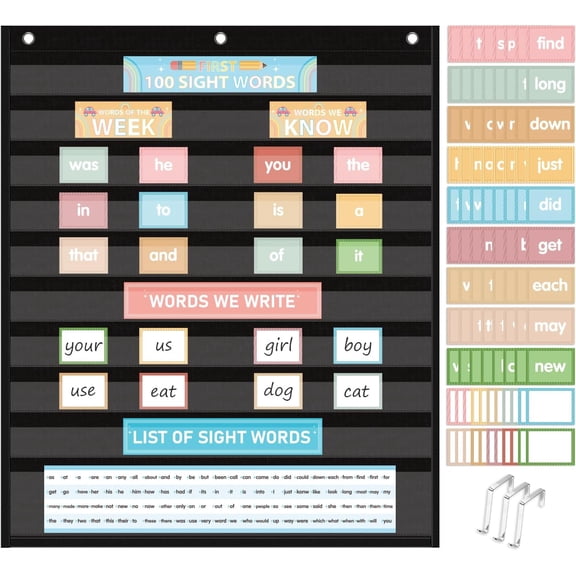 Sight Words Pocket Chart Cards, 100 Sight Words Flash Cards with Interactive Pocket Chart,25.8"x30.7" Classroom Pocket Chart for Sentence Strips, Vocabulary, Spelling for  School Use (Black)