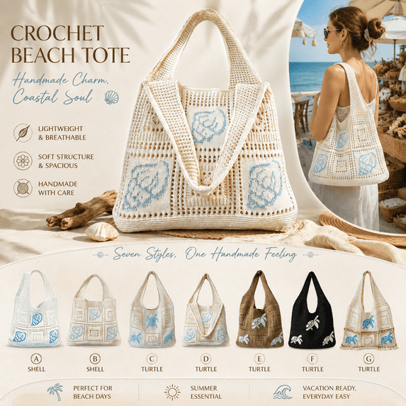 Sightor Crochet Tote Bag, Boho Knit Beach Bag for Women, Shell Embroidery Mesh Shoulder Tote, Summer Vacation Handbag for Beach Travel Shopping